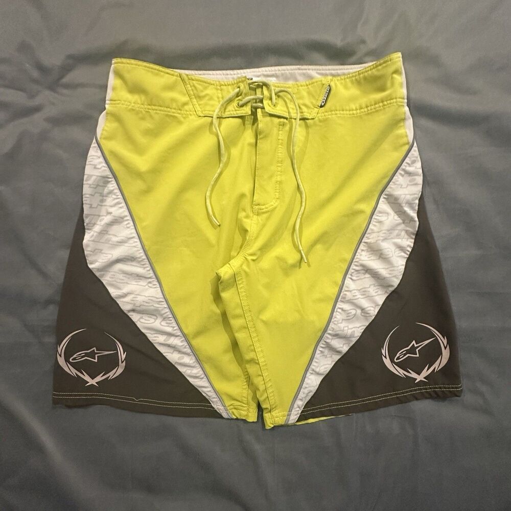 Y2K Alpinestars Board Shorts Mens 34 Colorblock Yellow Swim Trunks Striped